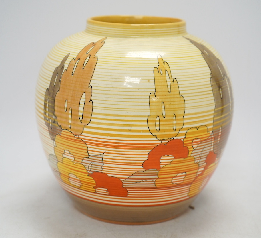 A Clarice Cliff Bizarre vase, Capri pattern,17cm high. Condition - fair to good